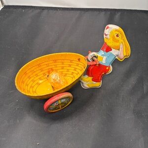 VINTAGE J. CHEIN & CO. Metal Litho Toy Bunny Rabbit Easter Egg Tin Cart